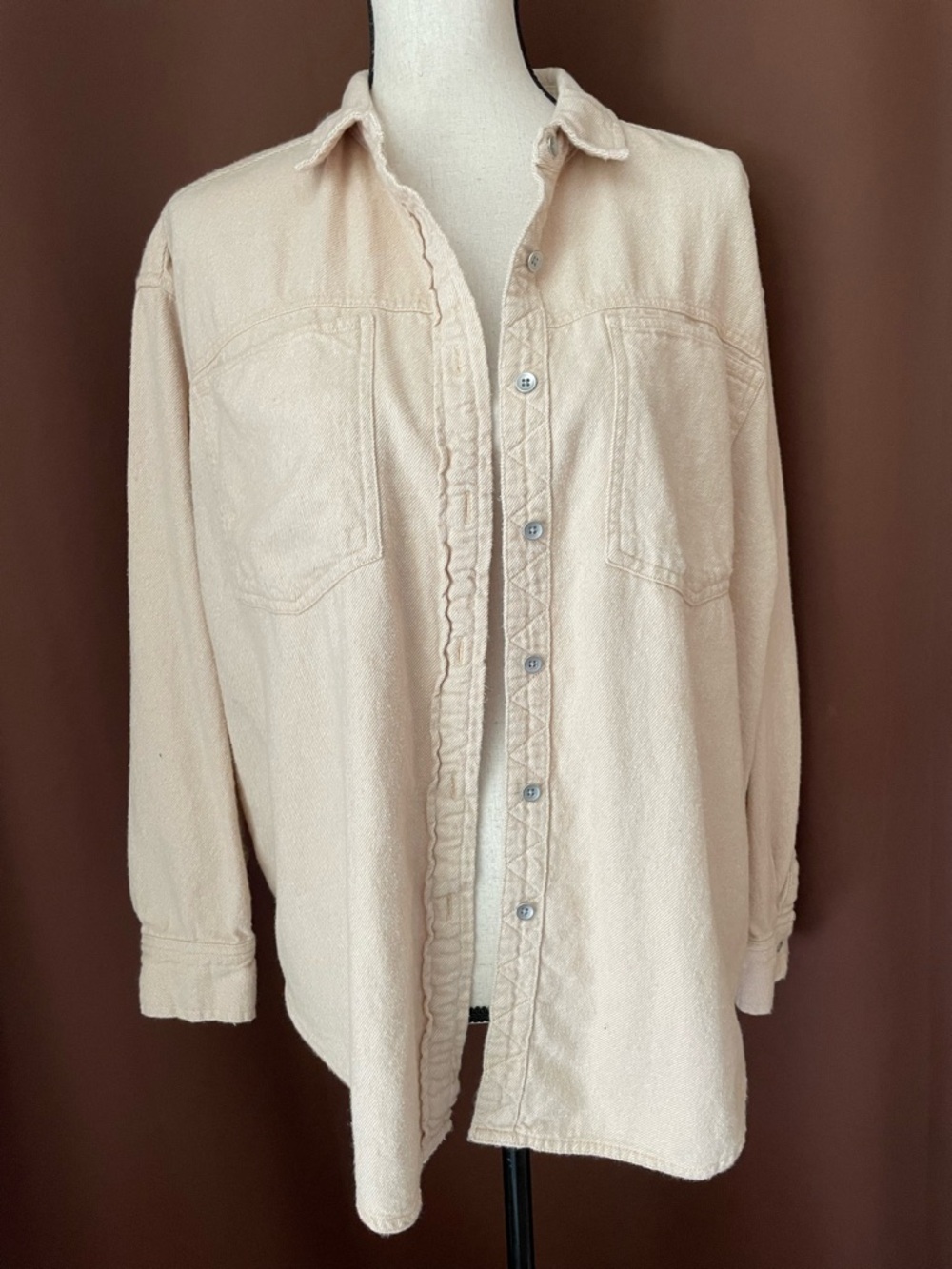 Aerie 100% Cotton Flannel oversized Shacket Cream Button-Front Shirt Jacket S/M